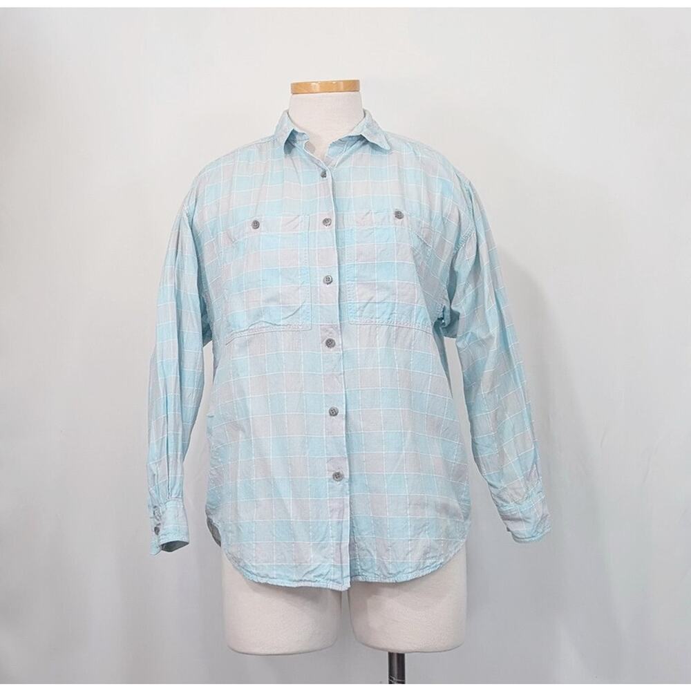 Vintage 80s Blouse Light Blue Gray Plaid Shirt Top Long Sleeve Women's Size S